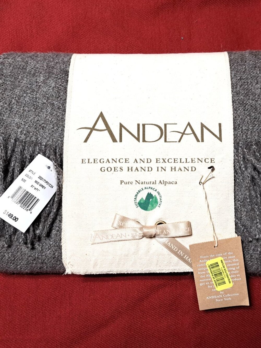 ANDEAN PURE NATURAL ALPACA WOOL THROW GREY NEW IN PKG 51" X 71" SOFT & COMFY